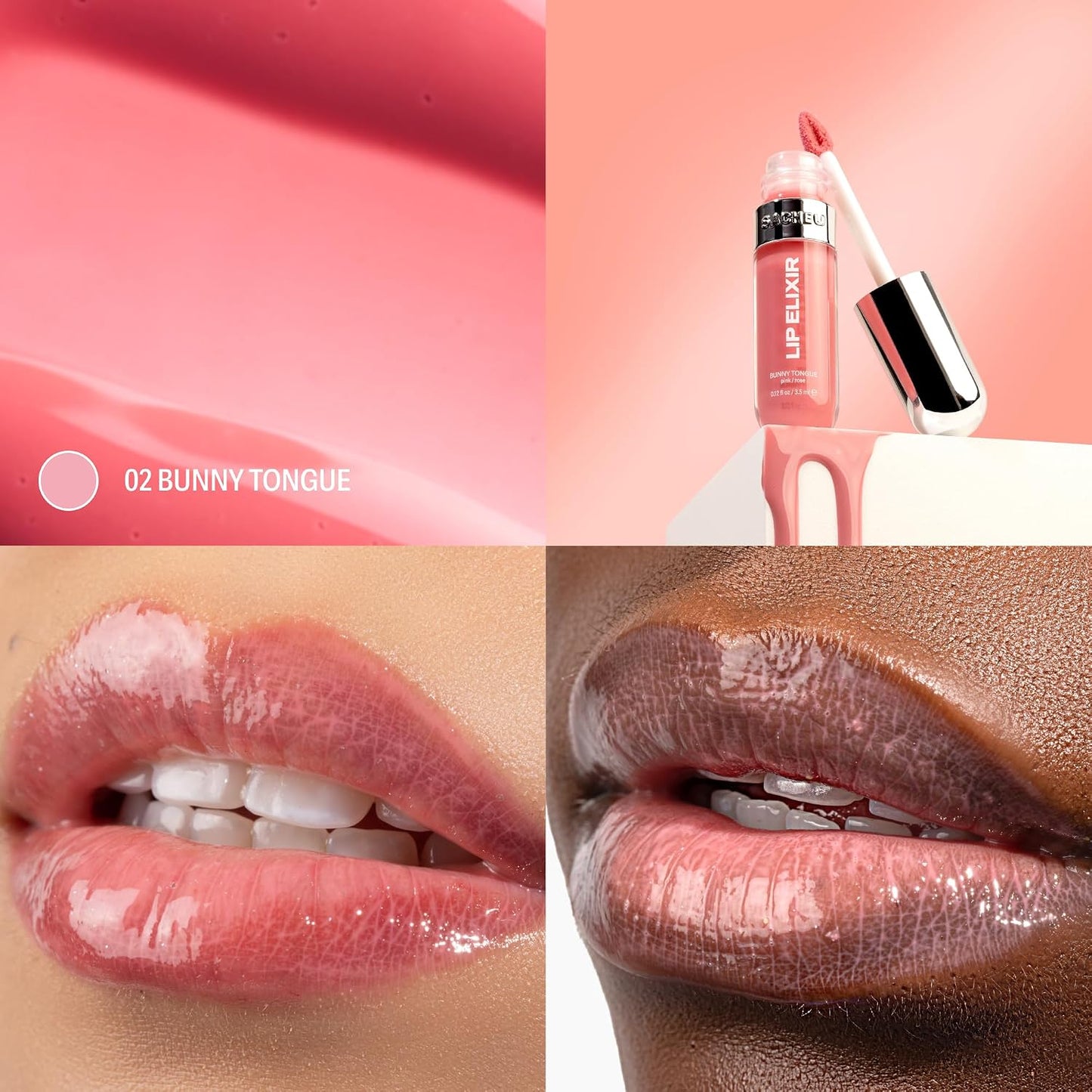 Lip Elixir Nourishing and Hydrating Lipgloss — Moisturizing Plumping Lip Gloss Enriched with Collagen, Non-Sticky Lip Color Smooth High-Shine Finish (Bunny Tongue)