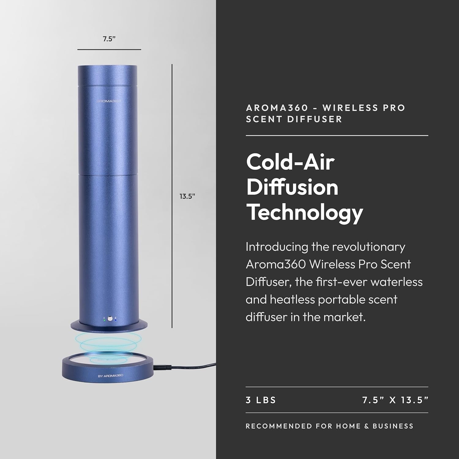 Aroma360 - Wireless Pro Essential Oil Diffuser - 600 Sq Ft Coverage - Cordless & Portable with Remote - Aromatherapy Scent Diffuser - Home, Spa, Office & Business - Air Freshener - Blue