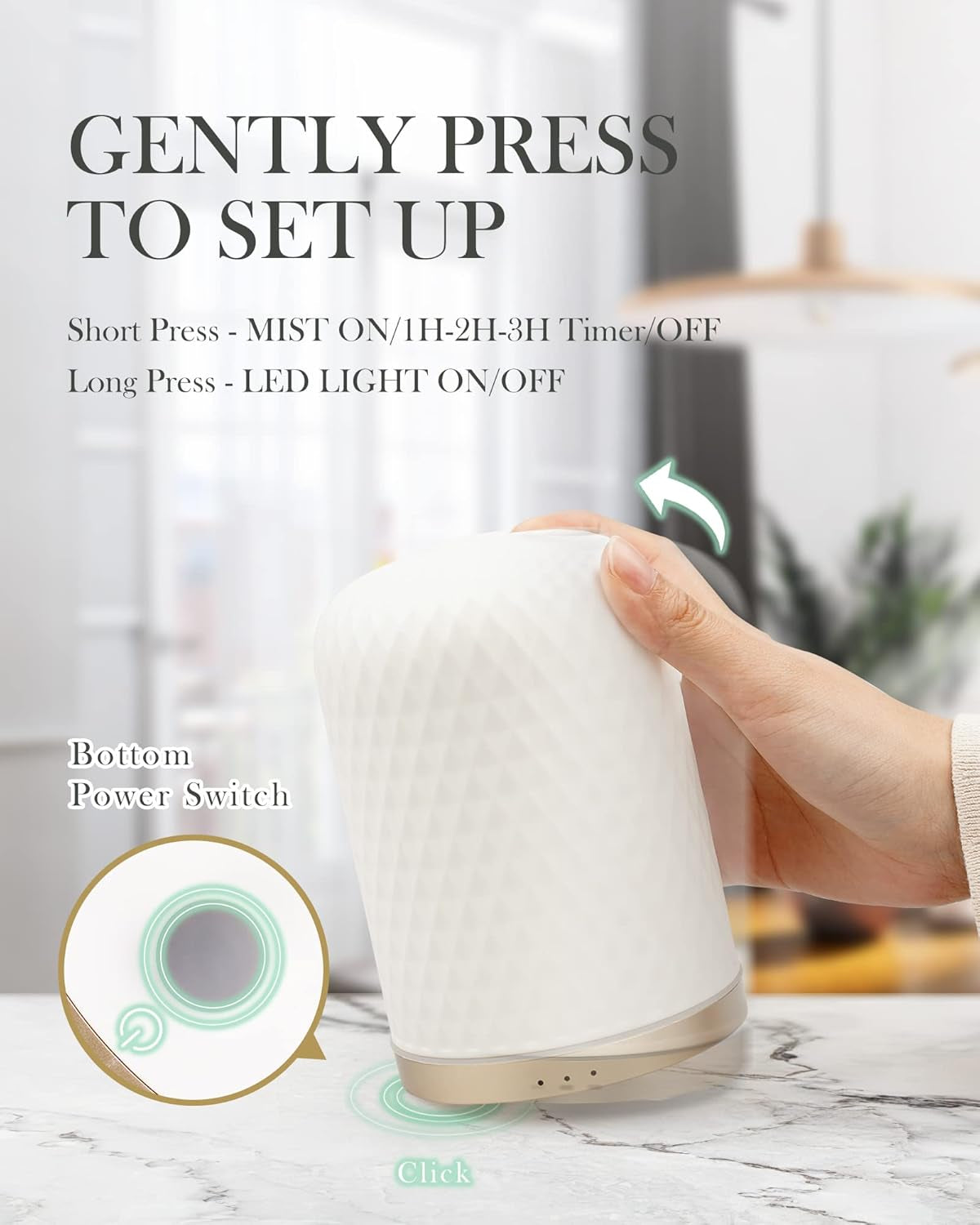 Essential Oil Diffuser - 2.4 Mhz Ultrasonic Cold Mist Aromatherapy Diffuser with 3 Timers, Auto Shut-Off, Ceramic Night Light Diffuser for Home, Bedroom, Office