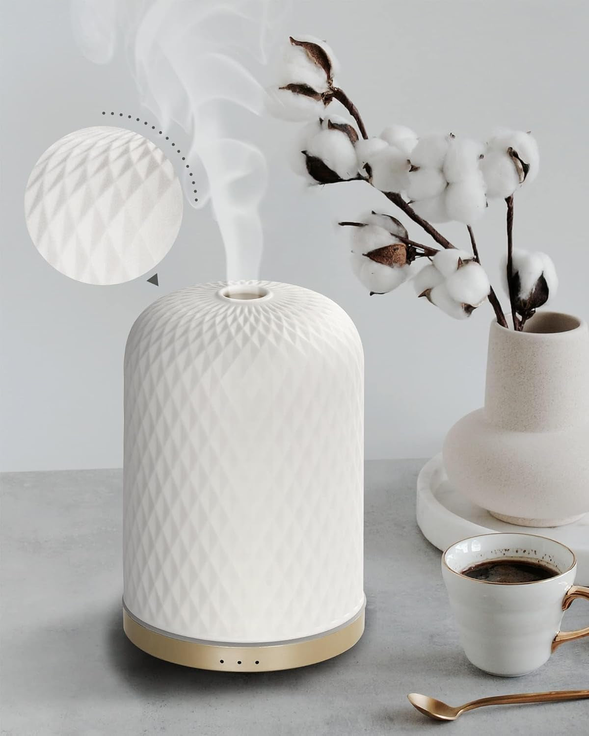 Essential Oil Diffuser - 2.4 Mhz Ultrasonic Cold Mist Aromatherapy Diffuser with 3 Timers, Auto Shut-Off, Ceramic Night Light Diffuser for Home, Bedroom, Office