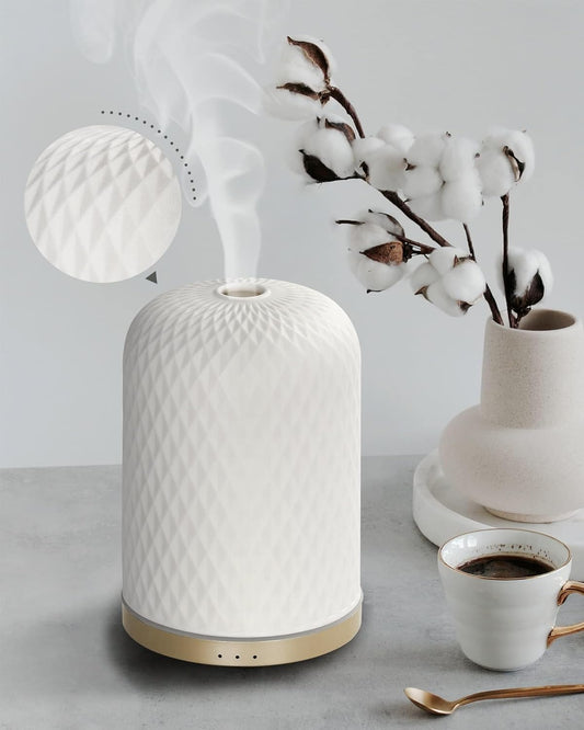 Essential Oil Diffuser - 2.4 Mhz Ultrasonic Cold Mist Aromatherapy Diffuser with 3 Timers, Auto Shut-Off, Ceramic Night Light Diffuser for Home, Bedroom, Office